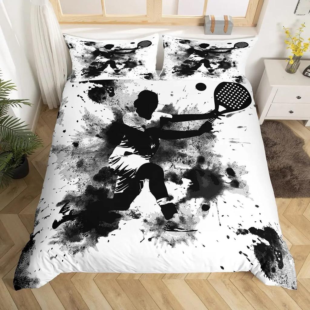 Tennis Bedding Set Full Size Sports Theme Comforter Cover Tennis Lover Duvet Cover Ball Games Yellow Black White Quilt Cover