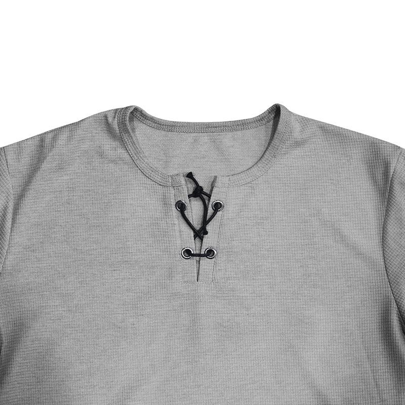 Мужская приталенная футболка-henley с V-образным вырезом и завязками - Короткий рукав, Дышащая ткань для летней моды