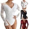 Women Bodysuit Flower Embroidery Lace Elastic Deep V Neck See-through Long Sleeve Solid Color Slim Fit Soft Breathable Spring Playsuit