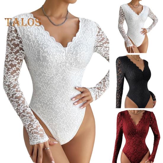 Women Bodysuit Flower Embroidery Lace Elastic Deep V Neck See-through Long Sleeve Solid Color Slim Fit Soft Breathable Spring Playsuit