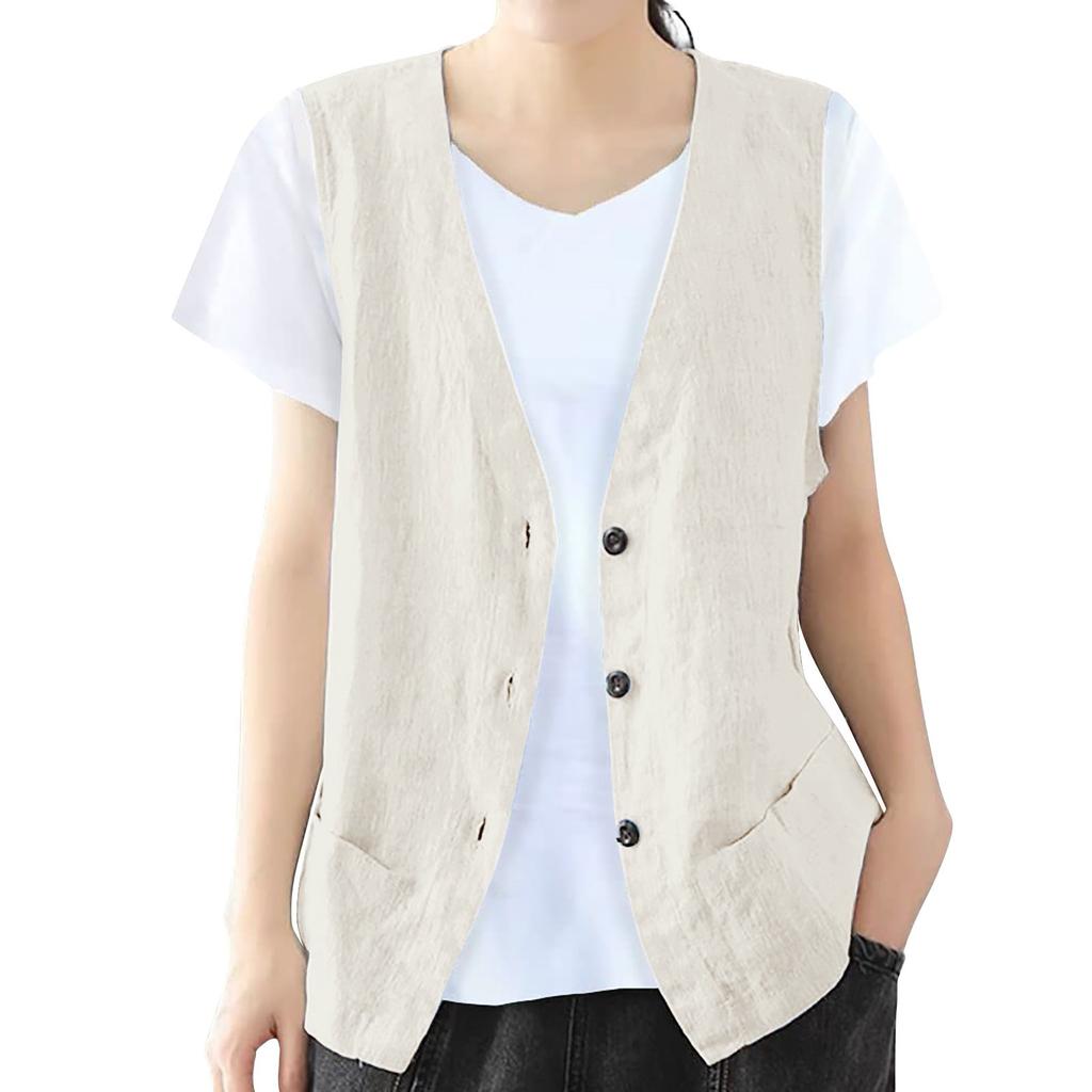 Women's Sleeveless Cotton Linen Vest Button Down V Neck Waistcoat Jacket