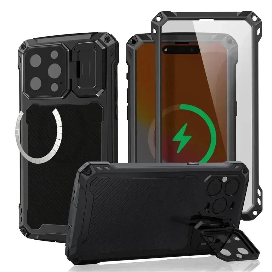Для iPhone 16 15 Plus 14 Pro Max Алюминиевый Металлический Ударопрочный Магнитный Чехол Сверхпрочная Броня Чехол с Защитой Экрана Защитой Объектива Подставкой
