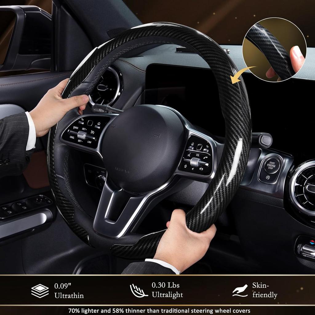 Aimato Car Steering Wheel Cover Carbon Fiber, Ultra-Thin Car Steering Wheel Cover,Comfortable & Breathable Microfiber,Universal Fit For Most Cars,
