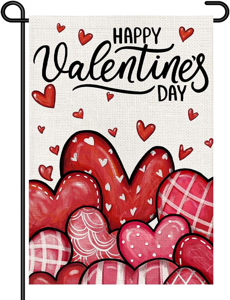 Happy Valentines Day Garden ag for Outside 12x18 Inch Double Sided Small ags, Red and Pink Heart Pattern Yard Sign for F