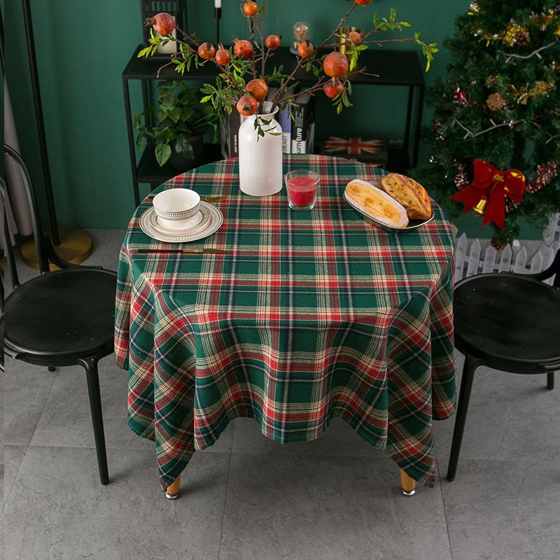 Christmas Plaid Linen Tablecloth Tea Table Cover Vintage American Decorative Fabric
