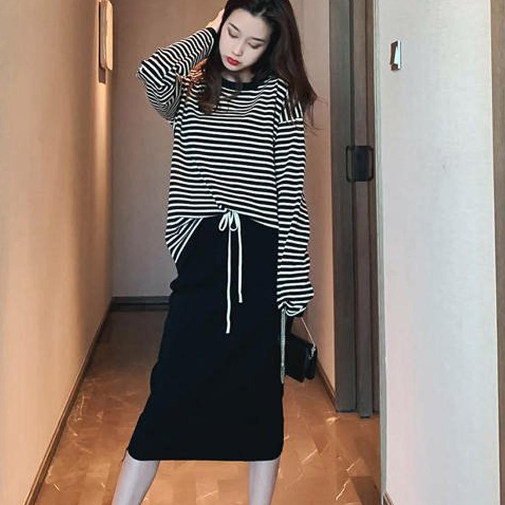 Lady Fashion Women Long Sleeve Split 2 Piece Set Casual Stripe Outfit Skirt
