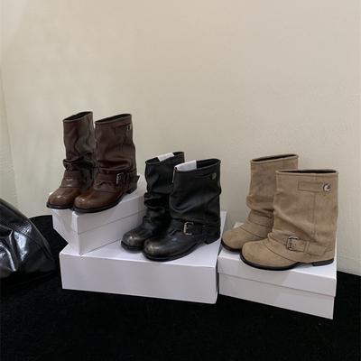 Женские новые ботильоны-сигареты на толстом каблуке с плиссировкой и квадратным носком в стиле ретро, с ремешком и пряжкой, осень-зима 2025