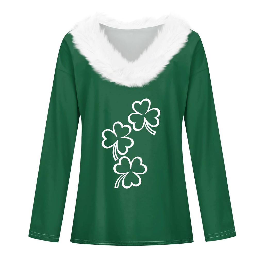 Женская футболка St. Рубашка с принтом Патрика, длинный рукав, праздничная атмосфера, флисовый воротник, топ с V-образным вырезом