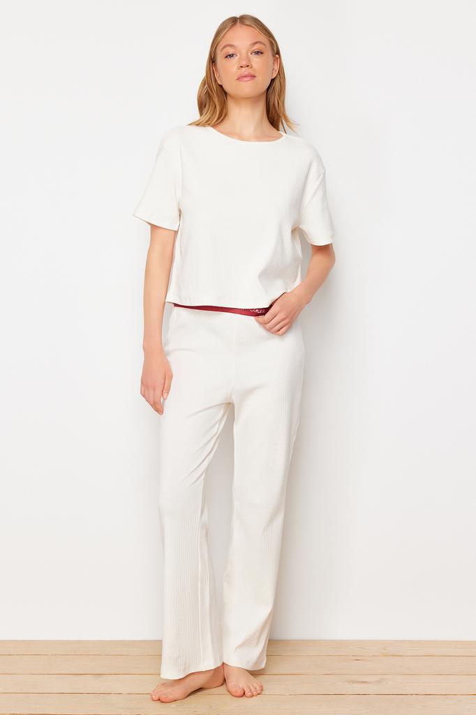 Women's Fashion New Pajama Set Ecru Slogan Printed Rubber Detailed Corduroy Cotton T-shirt-Pants Knitted Pajamas