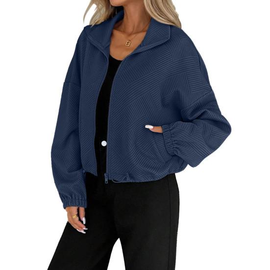 Women's Full Zip Short Jacket Casual Long Sleeve Stand Collar Crop Coat Drawstring Hem Fall Sweatshirt with Pockets