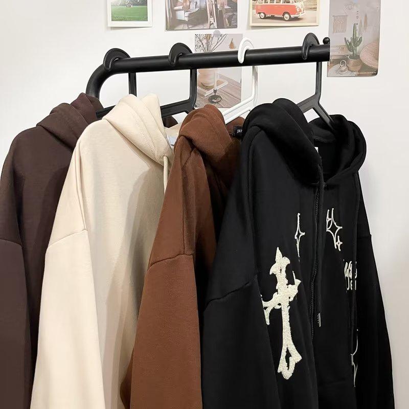 Мужской кардиган-толстовка на молнии с капюшоном, вышивкой креста и пламени, с флисовой подкладкой, модный свободный крой для пар, идеально подходит для весны и осени.
