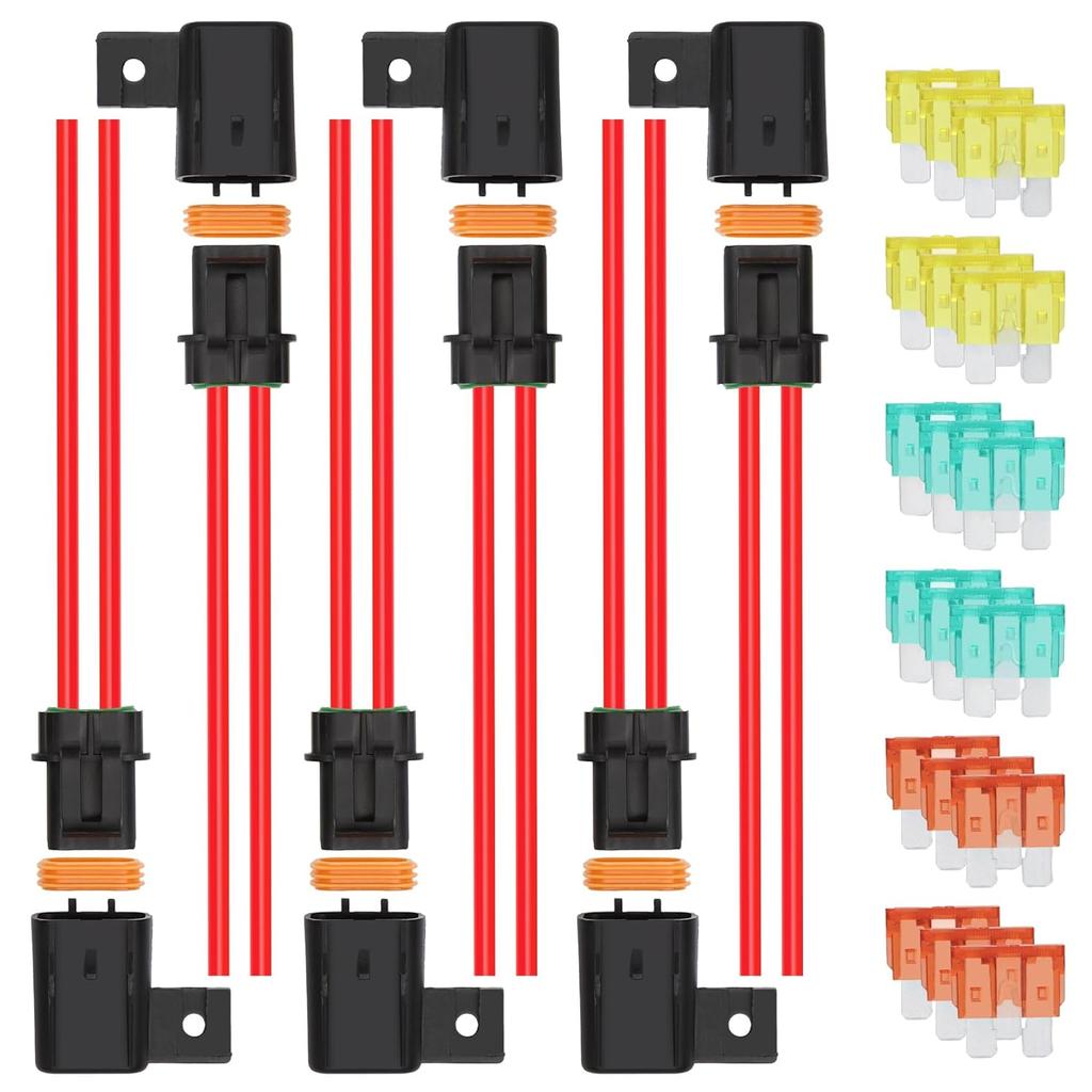 6 Pack 12V Inline Waterproof Fuse Holder, 4mm² Pre-Wired Kit, with 20 Amp 30 Amp 40 Amp ATC/ATO Blade Fuses, Heavy Duty Inline Fuse Holder for