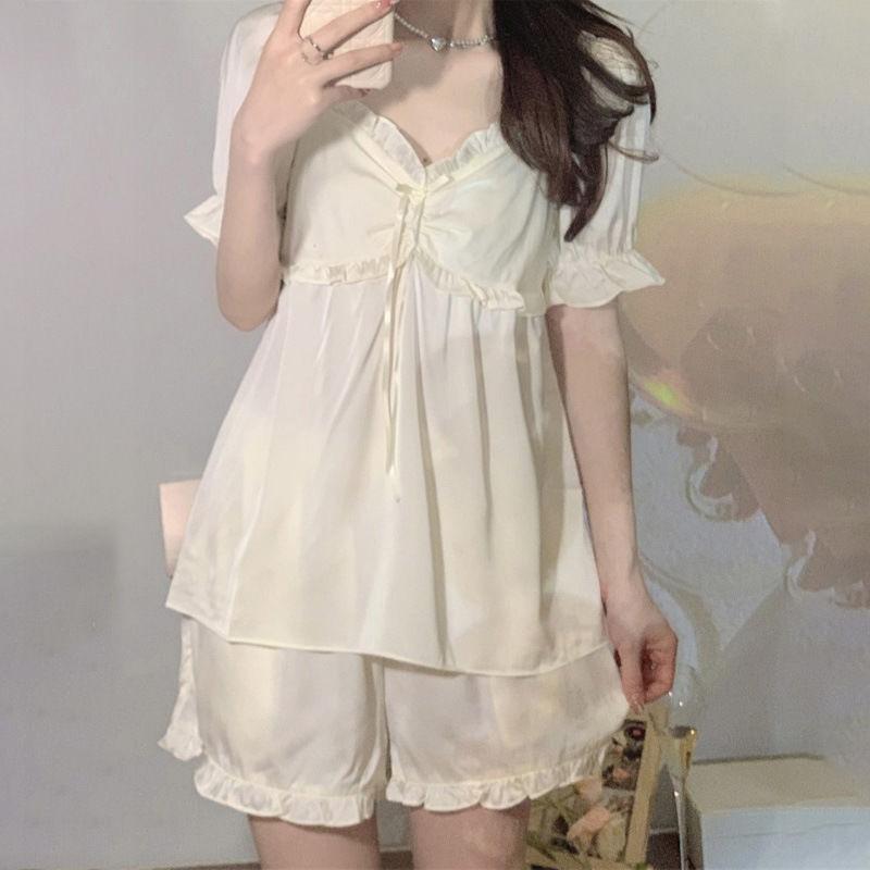 Женская пижама из ледяного шелка в сладком стиле, летний комплект домашней одежды Pure Desire с короткими рукавами