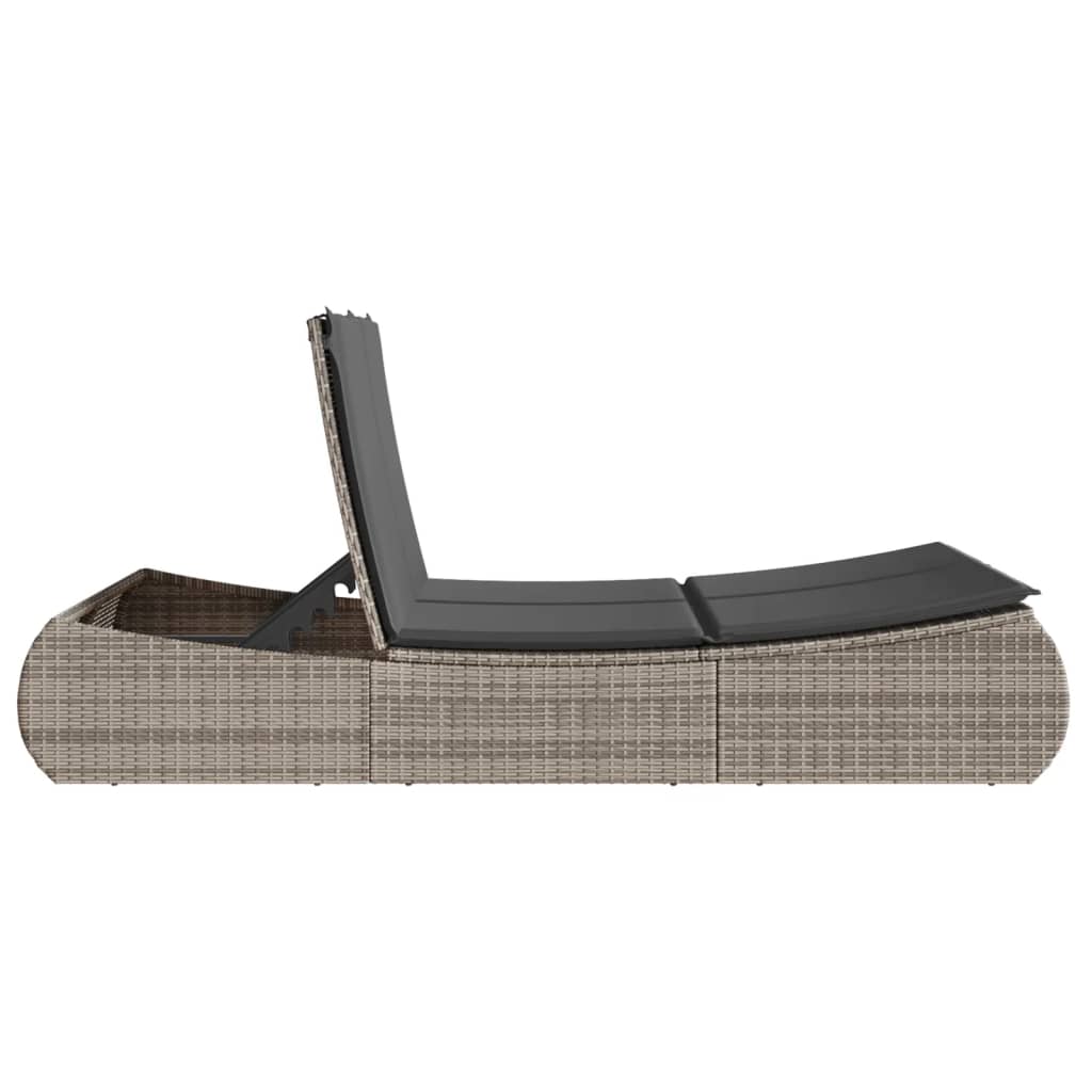 Double Sun Lounger with Cushions Gray Poly Rattan
