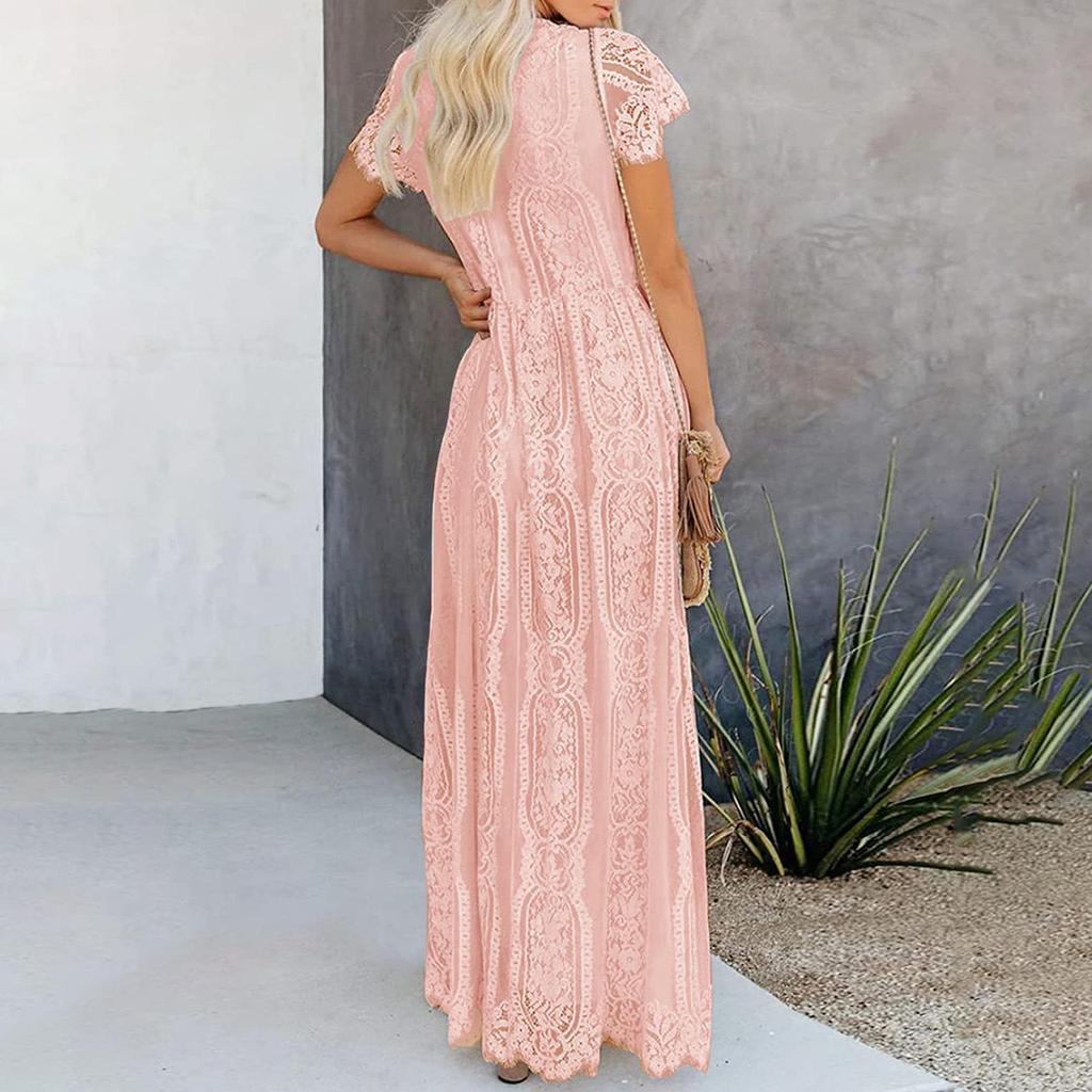 Платье с короткими рукавами и V-образным вырезом в европейском и американском стиле из кружева