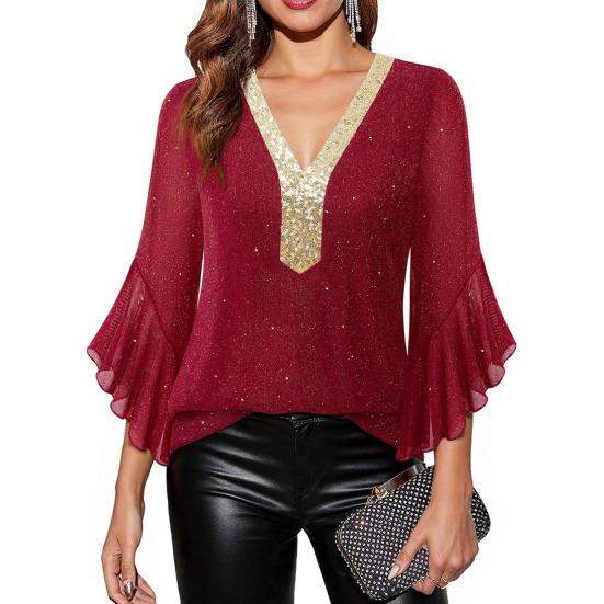 Женские топы с оборками и рукавами 3/4, блестящие, с пайетками, с V-образным вырезом, повседневные блузки, нарядные платья для осени и лета, с блестками, для свадьбы, для бизнеса, рабочие рубашки