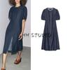 Summer New Product Women's Clothes Straight-leg Hem Cotton Blended Round Neck Puff Short Sleeve Denim Dress 5216240