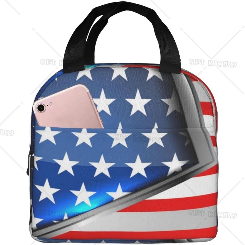 Сумка-тоут с американским флагом для обеда для женщин и мужчин, многоразовый изолированный контейнер для обеда-холодильника с карманом для работы в офисе
