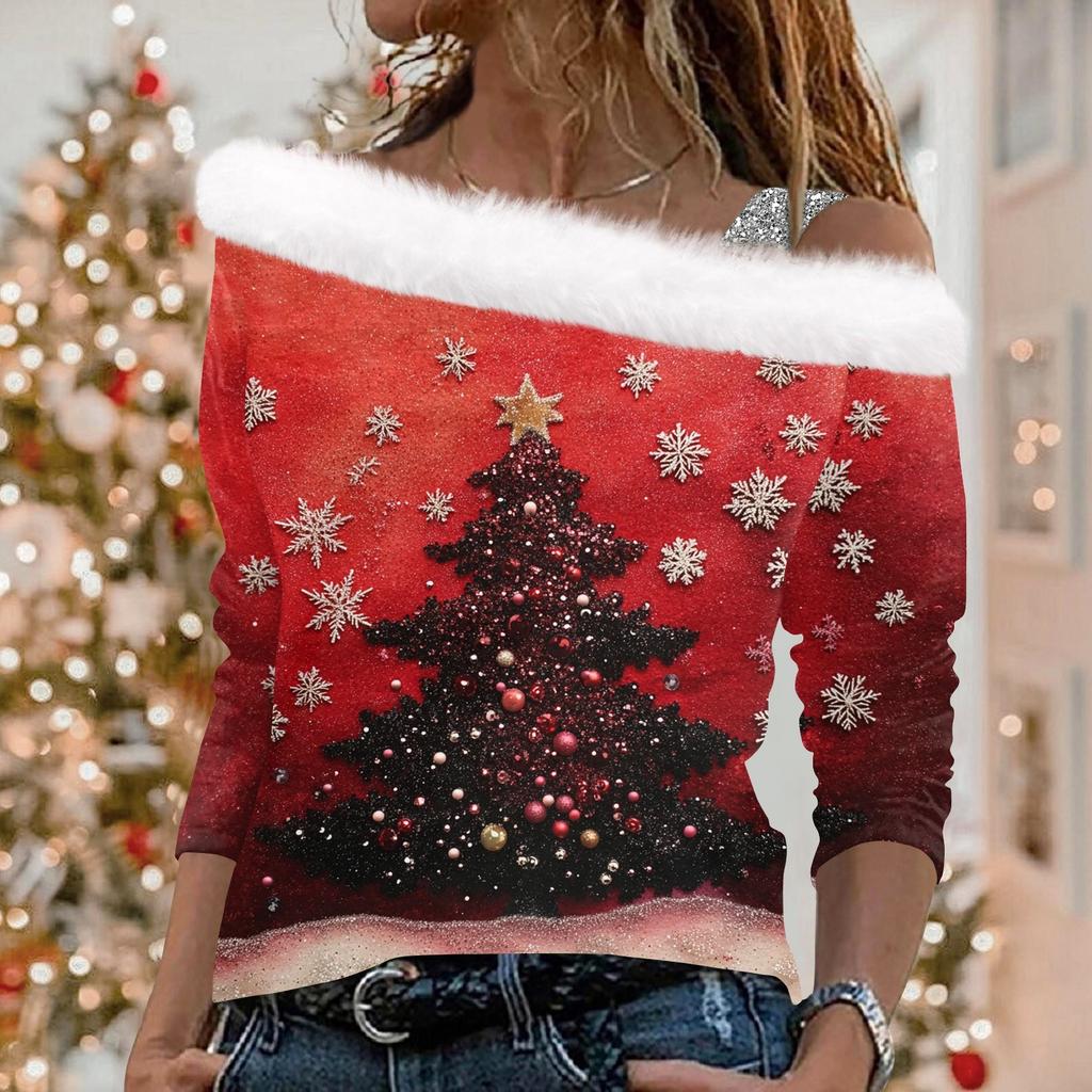 Женский плюшевый пуловер с длинными рукавами и рождественским принтом Christmas Elements