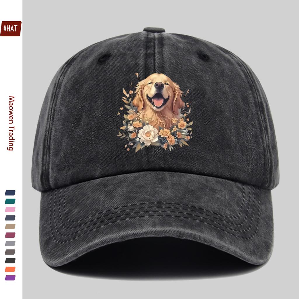 pc Golden Retriever And Floral Print Baseball Cap Cartoon Pet Dog Pattern Trucker Sun Hat Comfortable Lightweight Papa Hat D