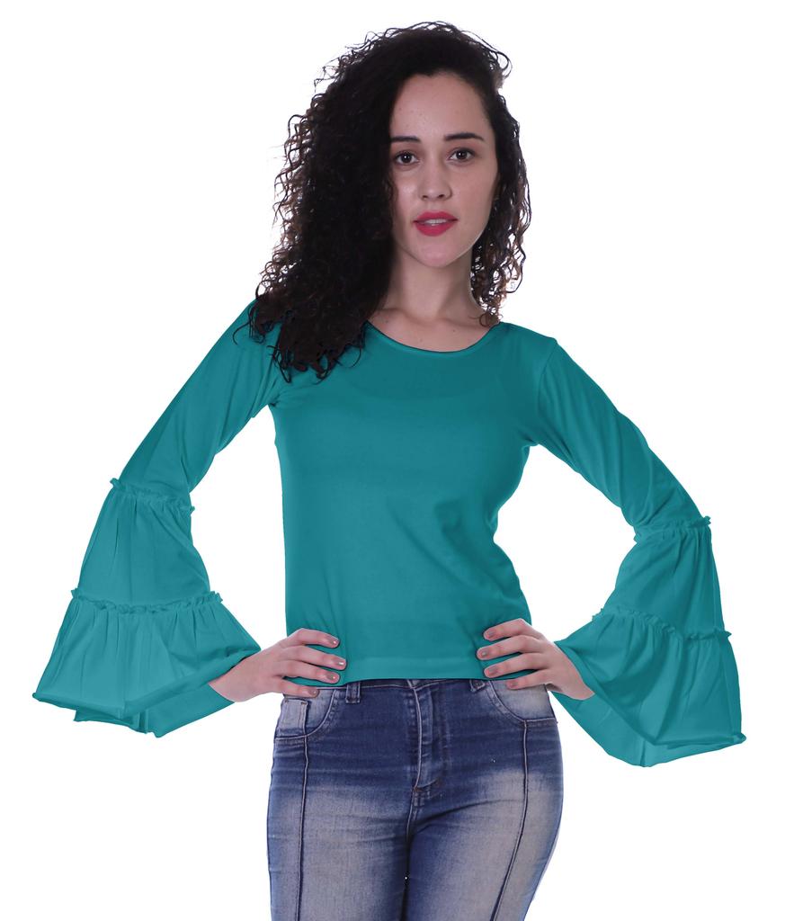 Moomaya Womens Long Bell Sleeves Tshirt Top Round Neck Plain Casual Fit Summer Tee