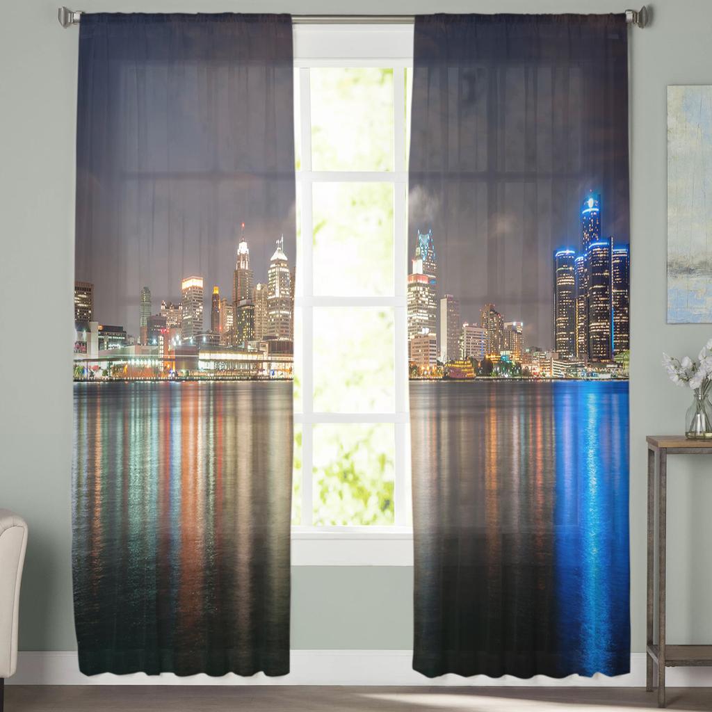 Nightscape Of American Cities Chiffon Sheer Curtains for Living Room Bedroom Home Decoration Window Voile Tulle Curtain Drapes