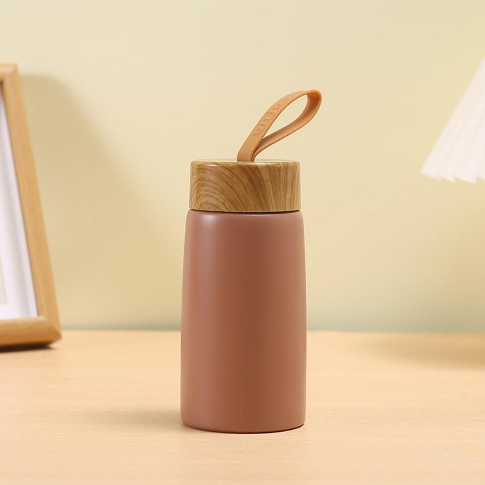 Wood Grain Lid Silicone Strap Mini Stainless Steel Tumbler Block Heat Exchange for Pocket Carry Daily Household Drinking