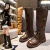 Массивные женские сапоги до колена, модные, сексуальные, тонкие, черные, коричневые, кожаные, с пряжкой, на ремне, гладиаторские, длинные, на платформе, обувь на осень-зиму