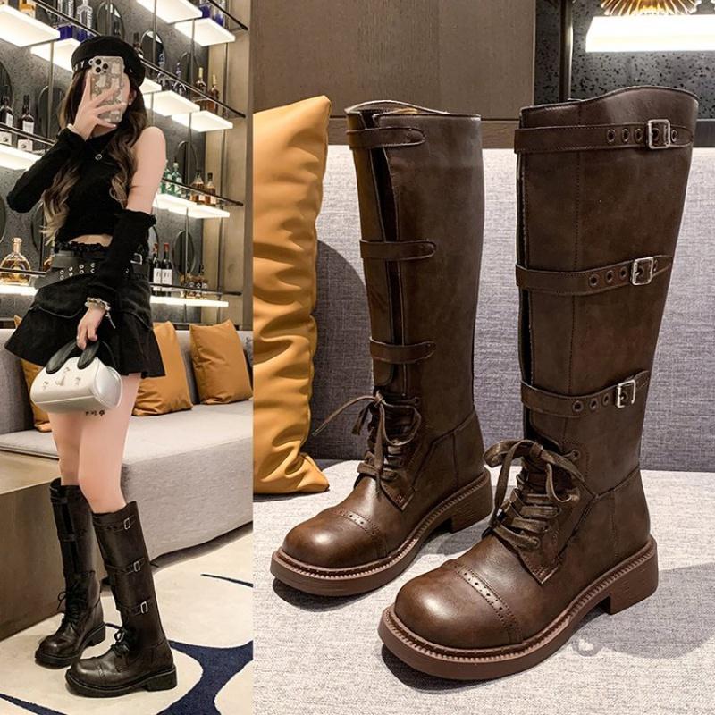 Массивные женские сапоги до колена, модные, сексуальные, тонкие, черные, коричневые, кожаные, с пряжкой, на ремне, гладиаторские, длинные, на платформе, обувь на осень-зиму