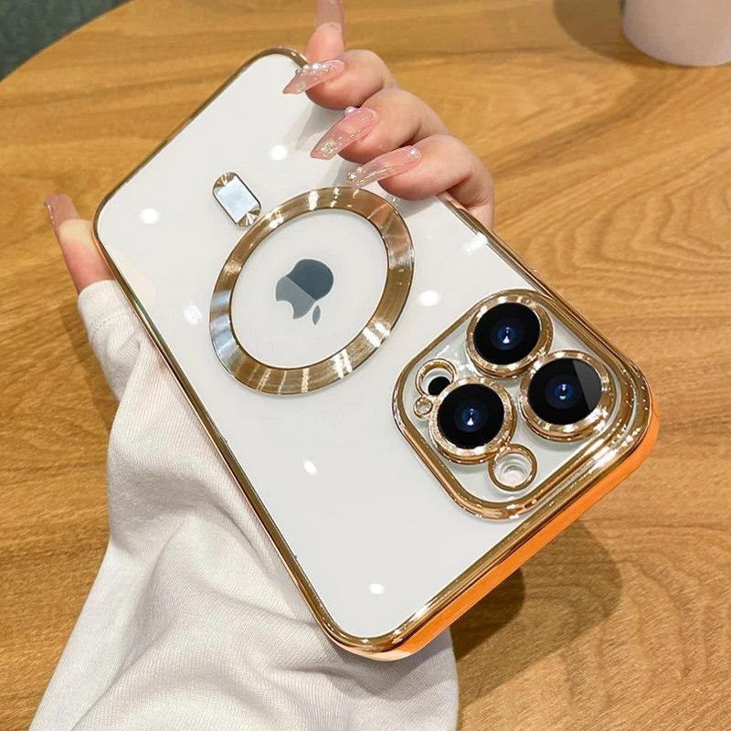 Luxury Wireless Charge Magsafe Phone Case For iPhone 15 14 13 12 11 Pro Max Plus Transparent Magnetic Electroplate Bumper Cover