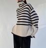 Женский вязаный свитер с высоким воротником - Ретро полосатый дизайн, свободный крой, осень/зима 2023, корейский стиль.