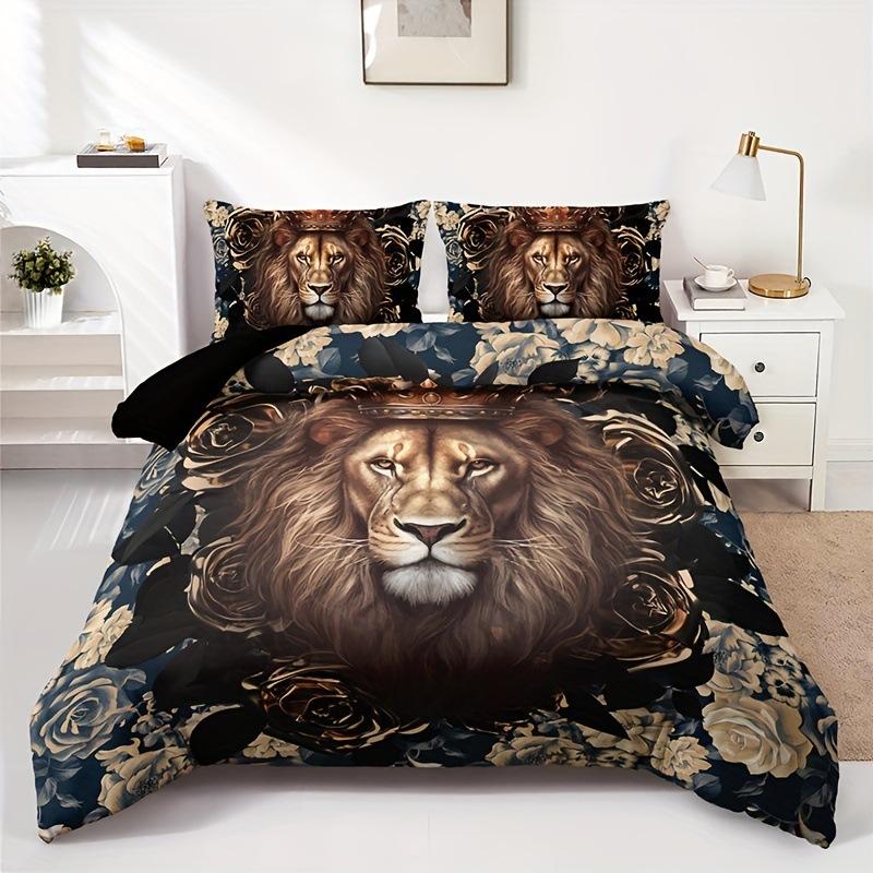 Lion Flower Duvet Cover Set Wildlife Digital Printing Quilt Cover Soft Bedding