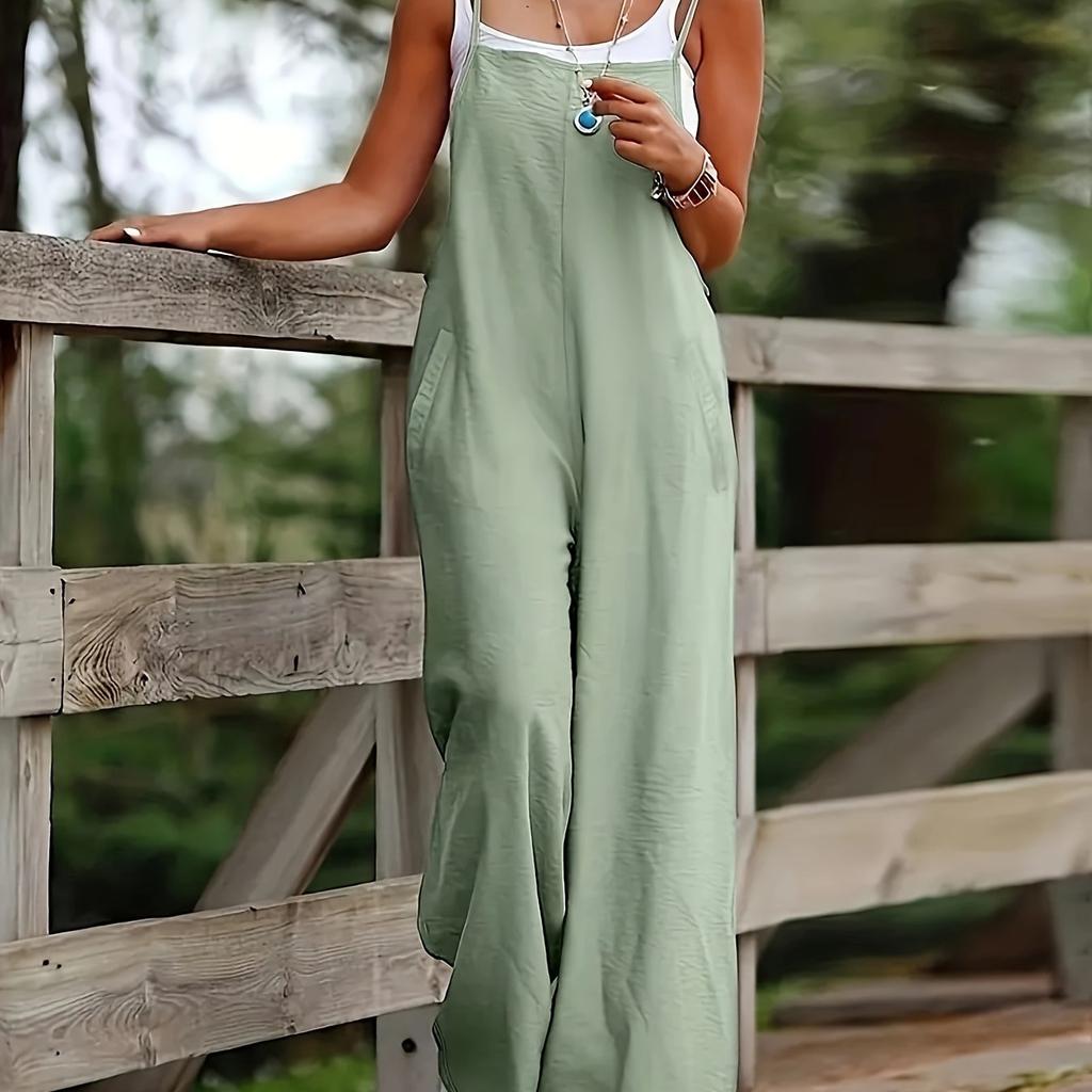 Женский однотонный комбинезон с широкими штанинами-спагетти — универсальный и удобный комбинезон без рукавов