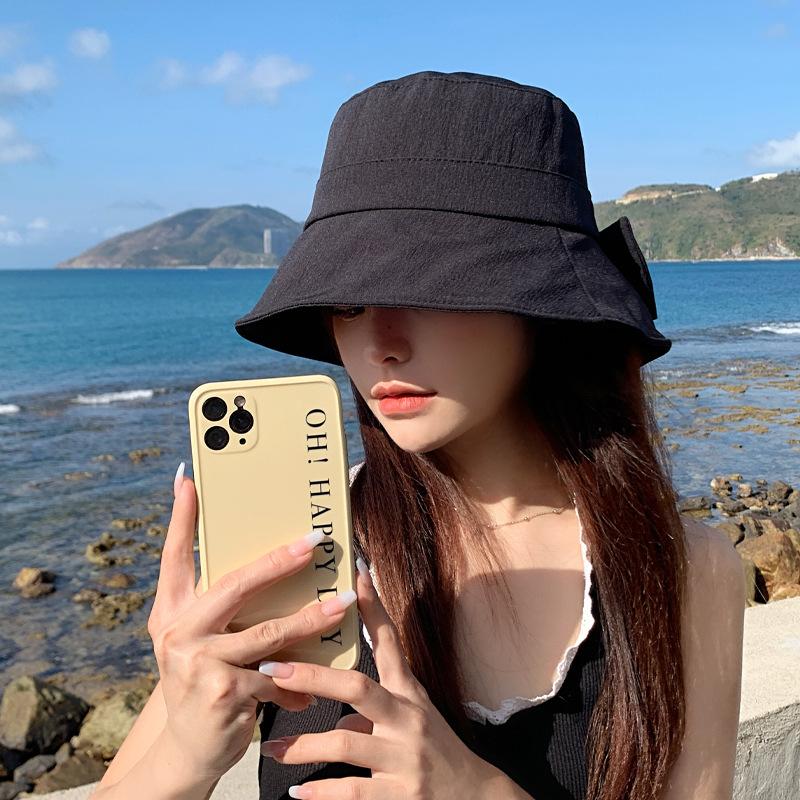 Spring and Autumn New Hat Women's Small Fresh Split Fork Bow Bucket Hat Summer Thin Sunscreen Basin Hat