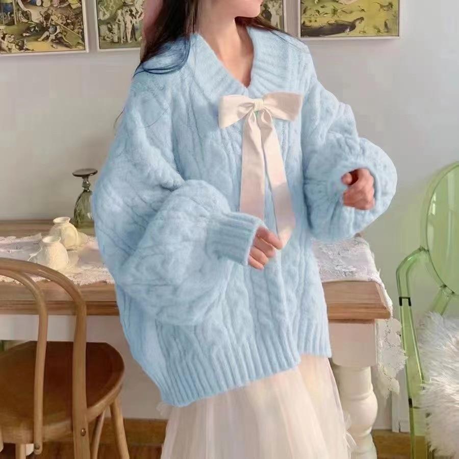 Lazy Style Solid Color Women Sweater Bow Design V-neck Ladies Knitwear Autumn Winter 2025 New Loose Long Sleeve Pullover