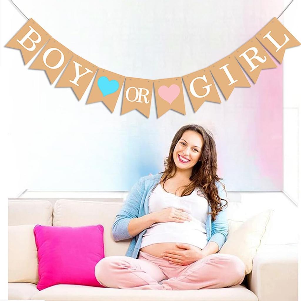 Boy or Girl Banner – He or She Baby Gender Sign for Party Decorations, Neutral Gender Reveal Decor for Baby Shower or Pregnancy Announcement