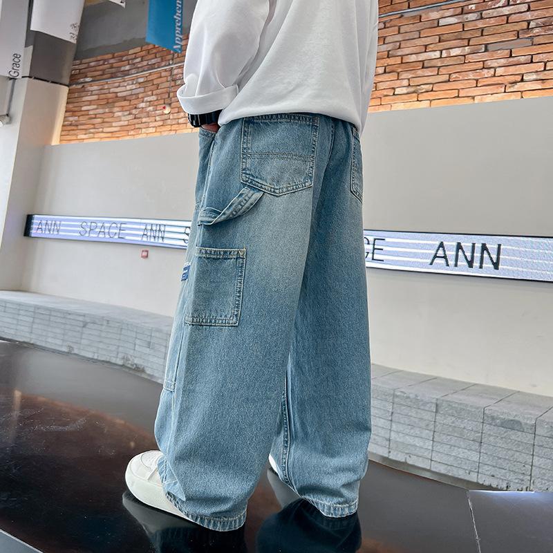 Джинсы-карго для мальчиков, подростковые, детские, широкие, джинсовые брюки для детей, свободные карманы, брюки весна-осень