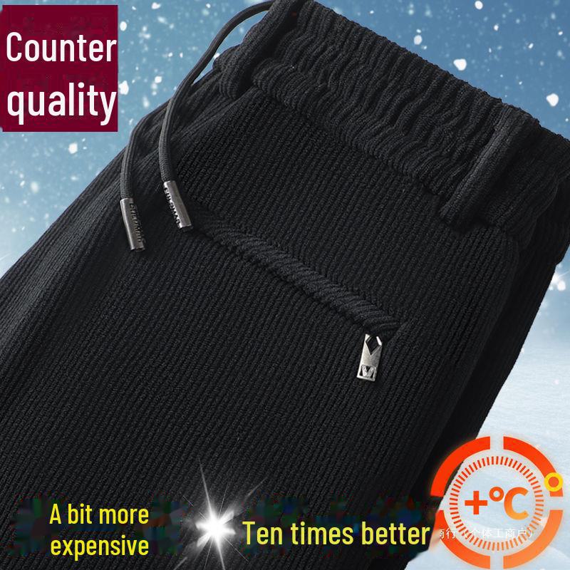 Мужские деловые брюки осень/зима из вельвета с эластичной резинкой на талии — плотные, теплые, плюс бархат, прямого кроя