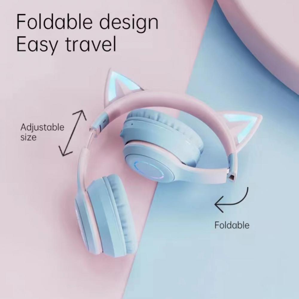 Наушники-кошачьи ушки с подсветкой RGB, беспроводные, V5.1, складная гарнитура, съемный микрофон, компьютерные игровые наушники