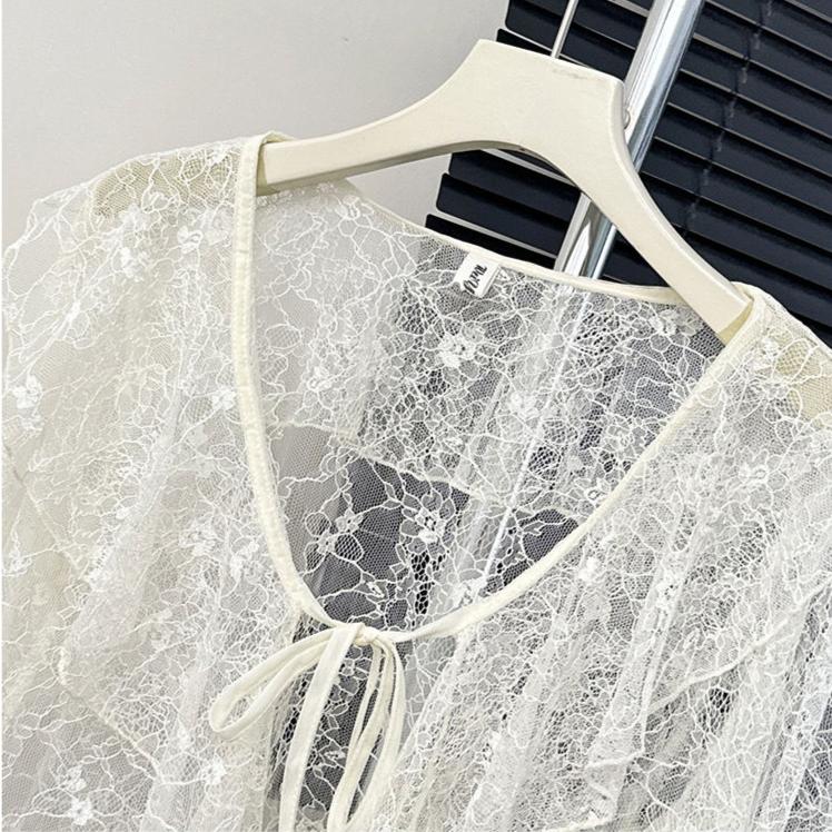 Свежий расклешенный кружевной кардиган с рукавами, женский летний тонкий длинный рукав с оборками и солнцезащитным чехлом