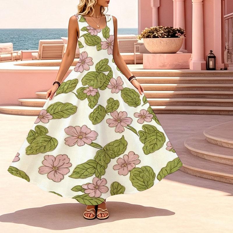 Sleeveless Flowy Beach Maxi Dress,Fresh Lightweight Casual Vacation Dress Flattering Versatile for Travel Photos