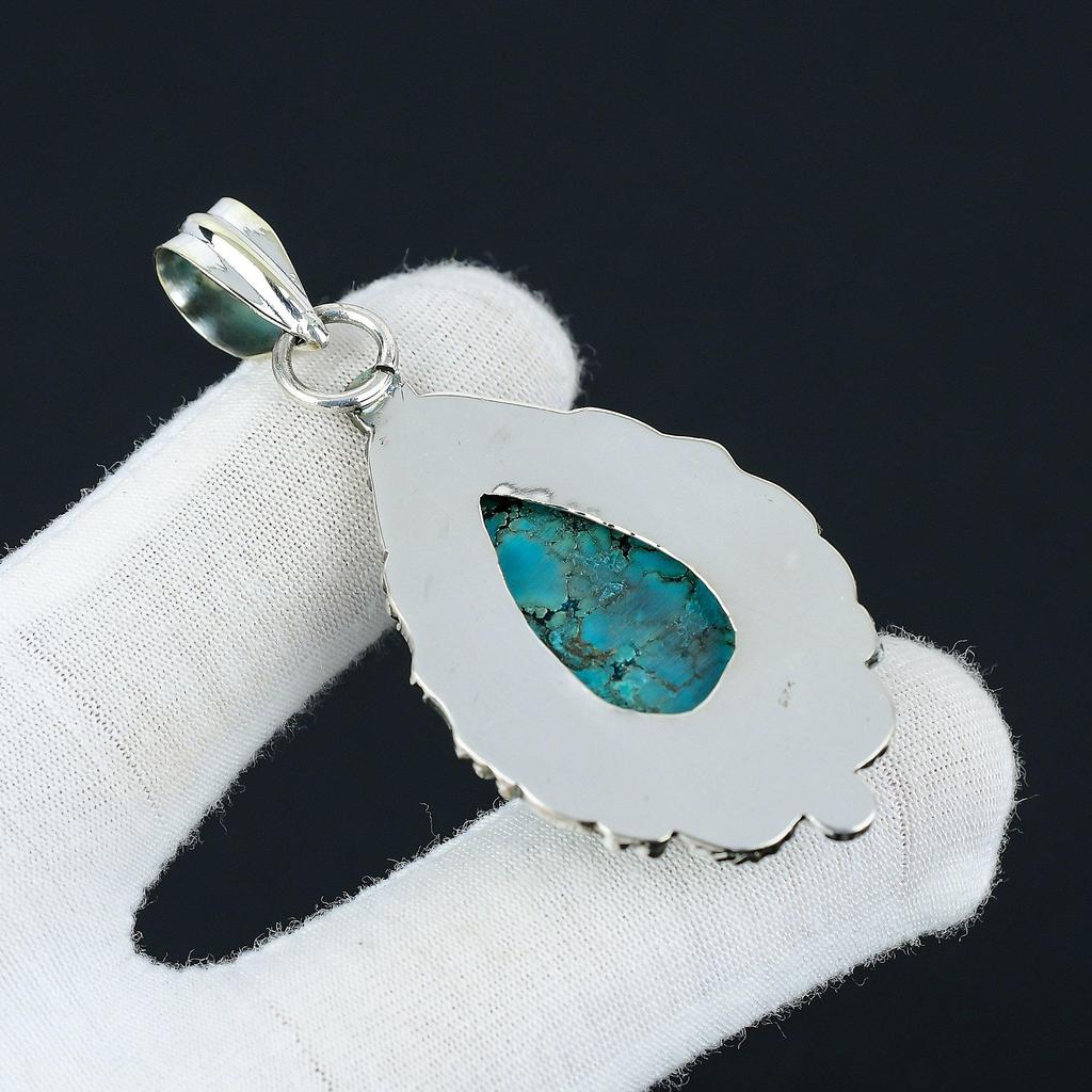 Подвеска из тибетской бирюзы, украшения из натуральной бирюзы, ювелирные изделия из стерлингового серебра 925 пробы, ювелирная подвеска ручной работы в стиле бохо, подвеска унисекс для подарка