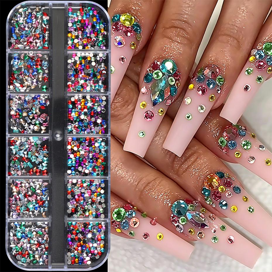Xiaomi 12 Grids Multi‑Color Flat Back Nail Rhinestones Crystal Gems Star Heart Butterfly Nail Charms Nail Art Decorations Accessories