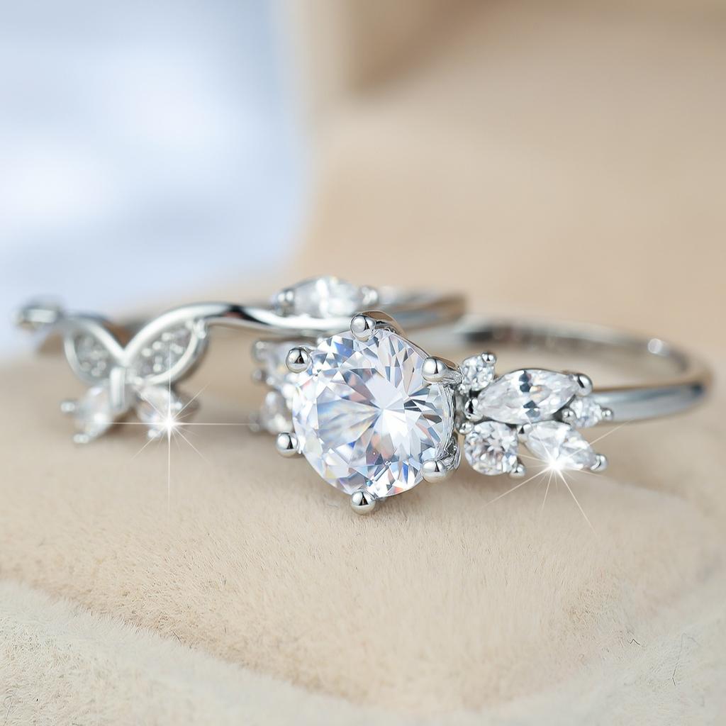 Elegant silver-white inlaid synthetic zirconia ring set Round-cut butterfly design makes a great gift