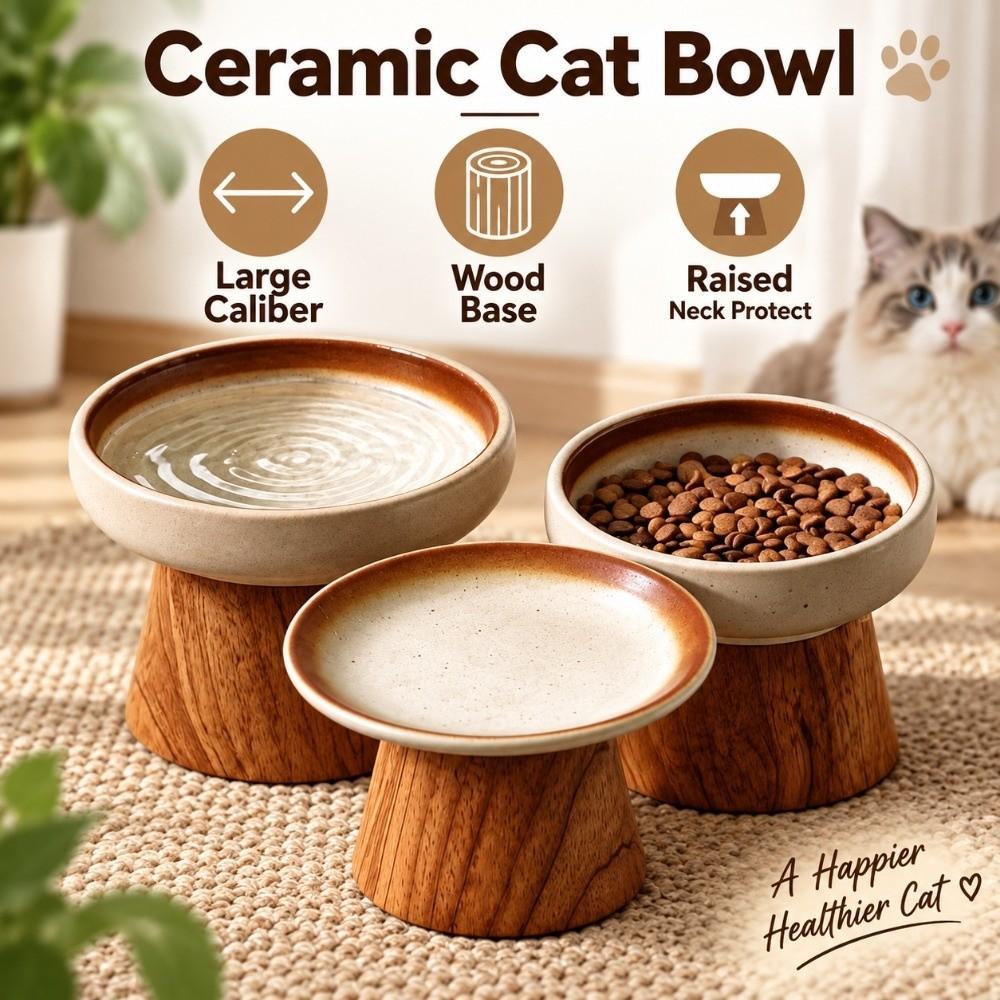 Large Caliber Ceramic Cat Bowl Wood Base Cat Food Bowl Pet Bowl Elevated Cat Bowl Pet Feeder