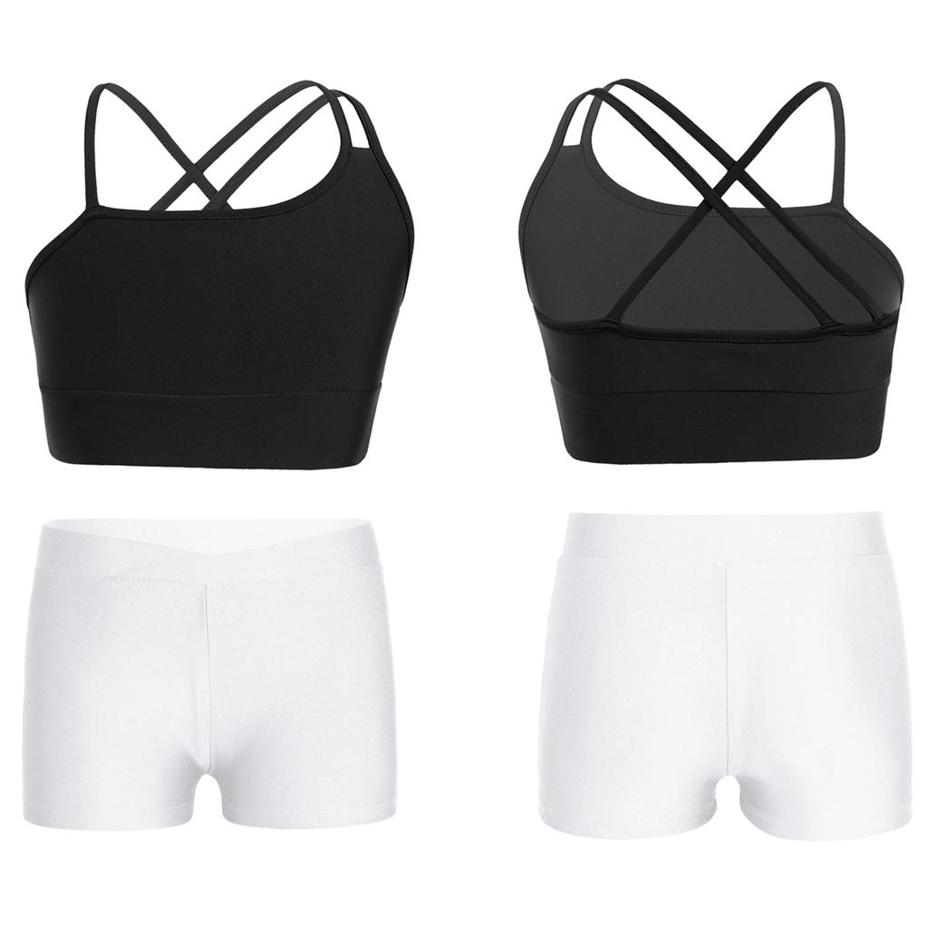 Kids Girls Asymmetrical Strappy Crop Top with Shorts for Sports Gymnastic Workout