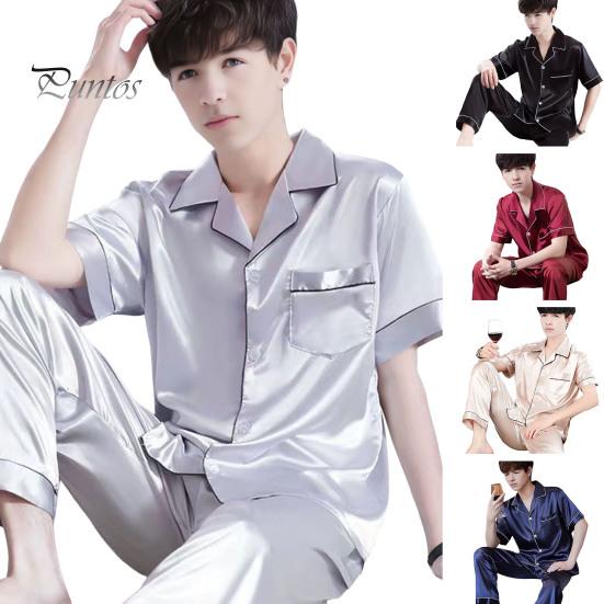 Комплект из 2 предметов: мужская пижама, лацкан, короткий рукав, пуговицы, планка, рубашка, эластичный пояс, широкие длинные брюки, свободный крой, одежда для сна