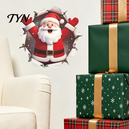 Decorative Accents for Christmas Season 3D Break Wall Santa Claus Toilet Lid Sticker, Winter Snow Scene No Residue Murals Renters Decal,