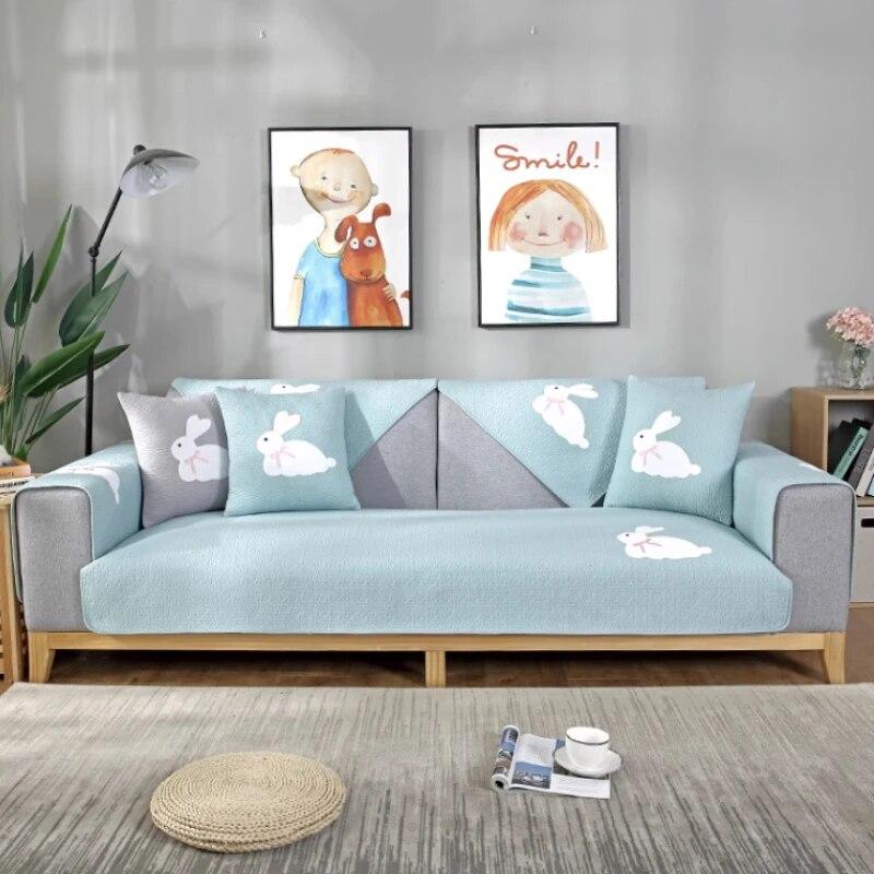 Modern Simple Couch Cushion Comfortable Dustproof Non Slip Rabbit Print Sofa Towel Versatile Living Room Rabbit Decor Mats