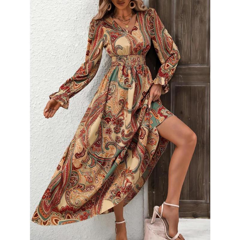 YYFS Женская мода лето весна цветочный узор принт длинный рукав V-образный вырез высокая талия повседневные платья